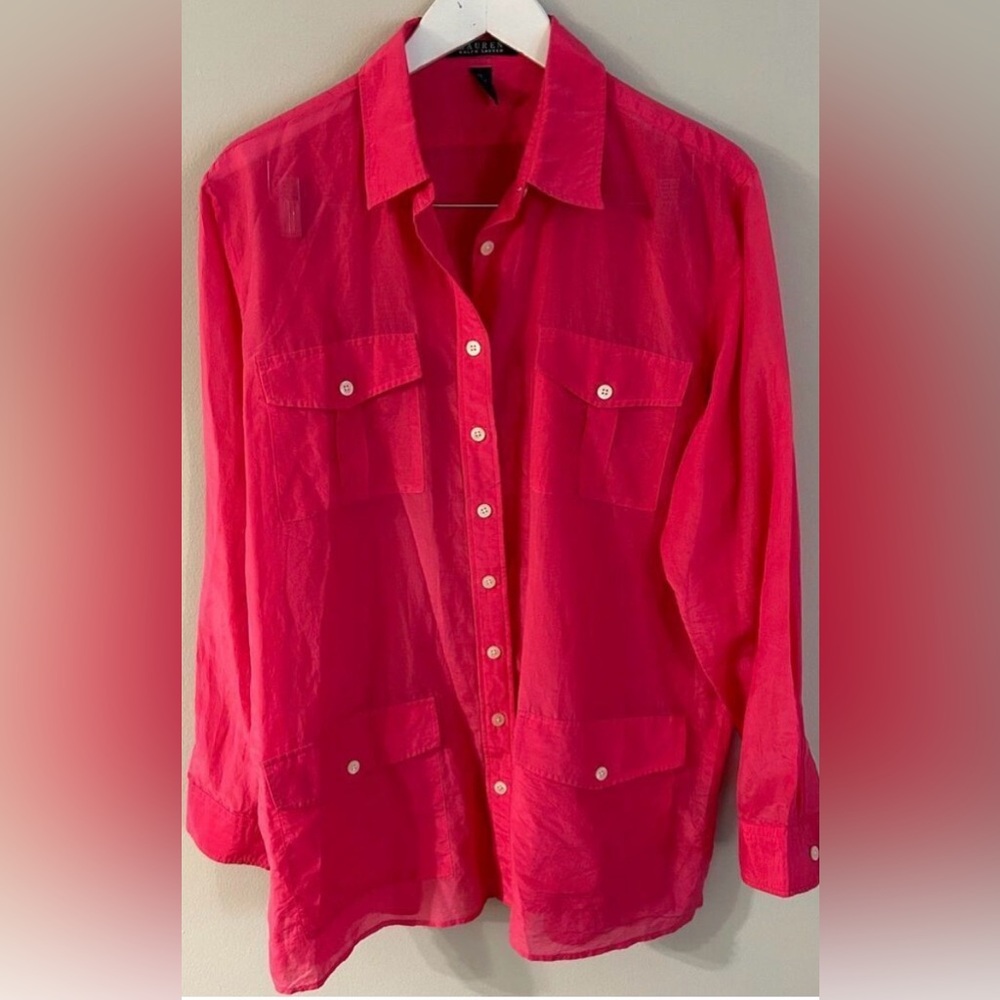 Ralph Lauren Bright Fuchsia Silk/Cotton Button Down Shirt with side slits. Sz XL
